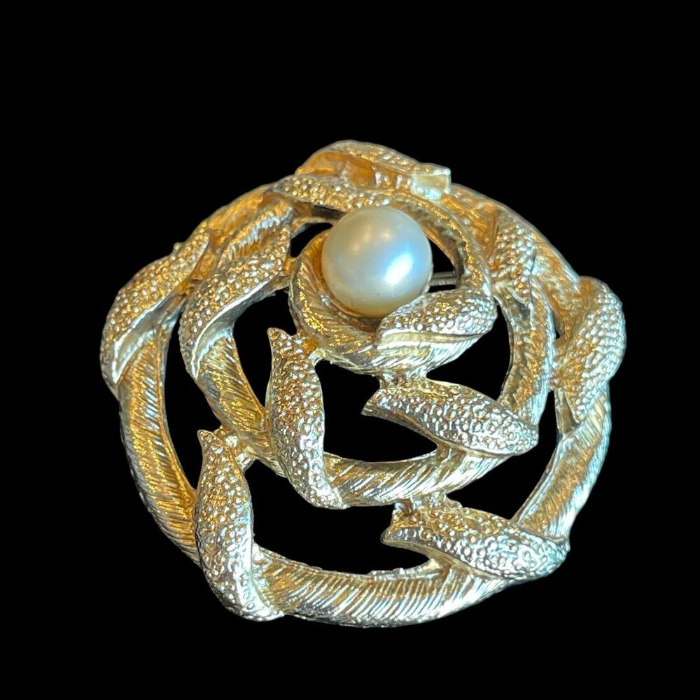 Vintage Faux Pearl Brooch Pin Brushed Gold Tone Stylized Flower Textured Metal